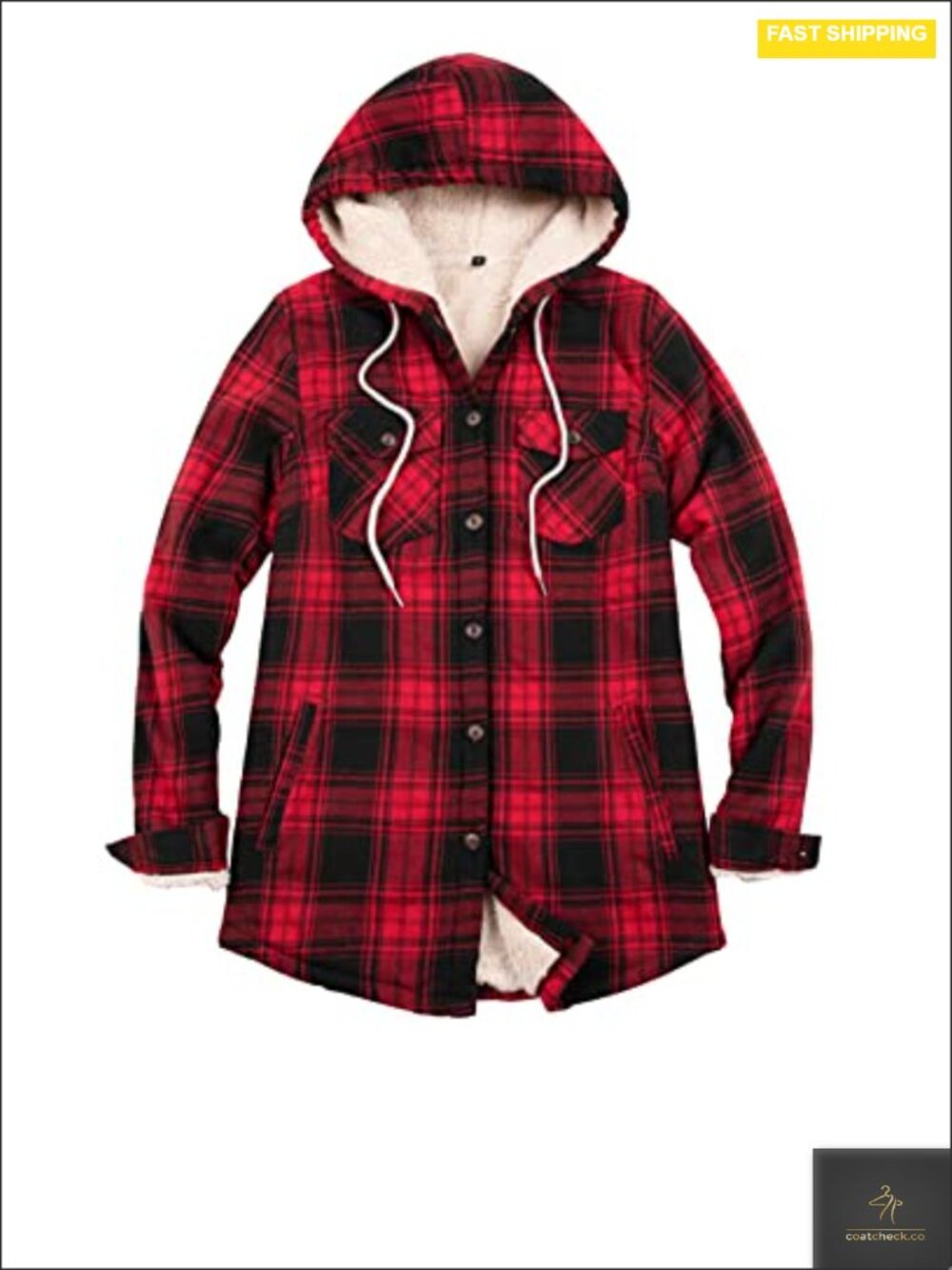 Sherpa Lined Plaid Flannel Jacket with Hood, Button Down, Long Sleeve